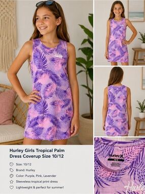 Hurley Girls Palm Print Sleeveless Dress Coverup in Purple & Pink